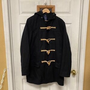 American Eagle Outfitters Black Duffle Coat Hooded Toggle Closure SZ Large Tall